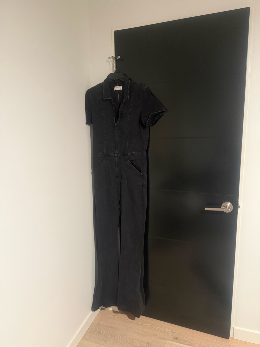 We The Free Black Short-Sleeve Zip-Front Utility Jumpsuit